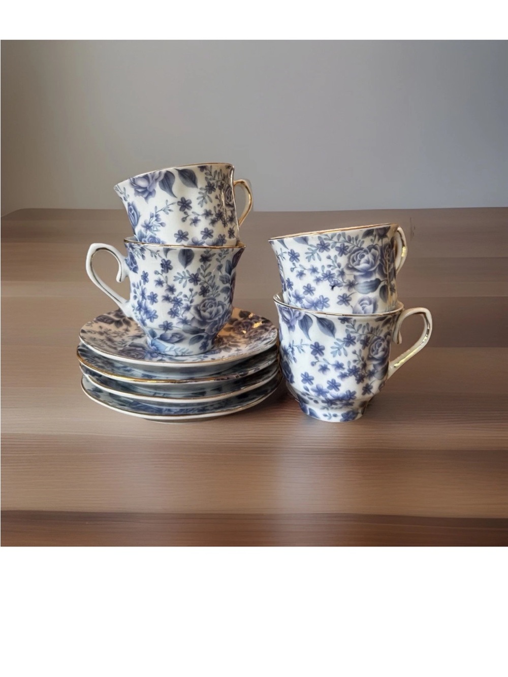 4 Vtg Chintz Cup And Saucer Sets Tea Roses Blossom Time Japan Blue White